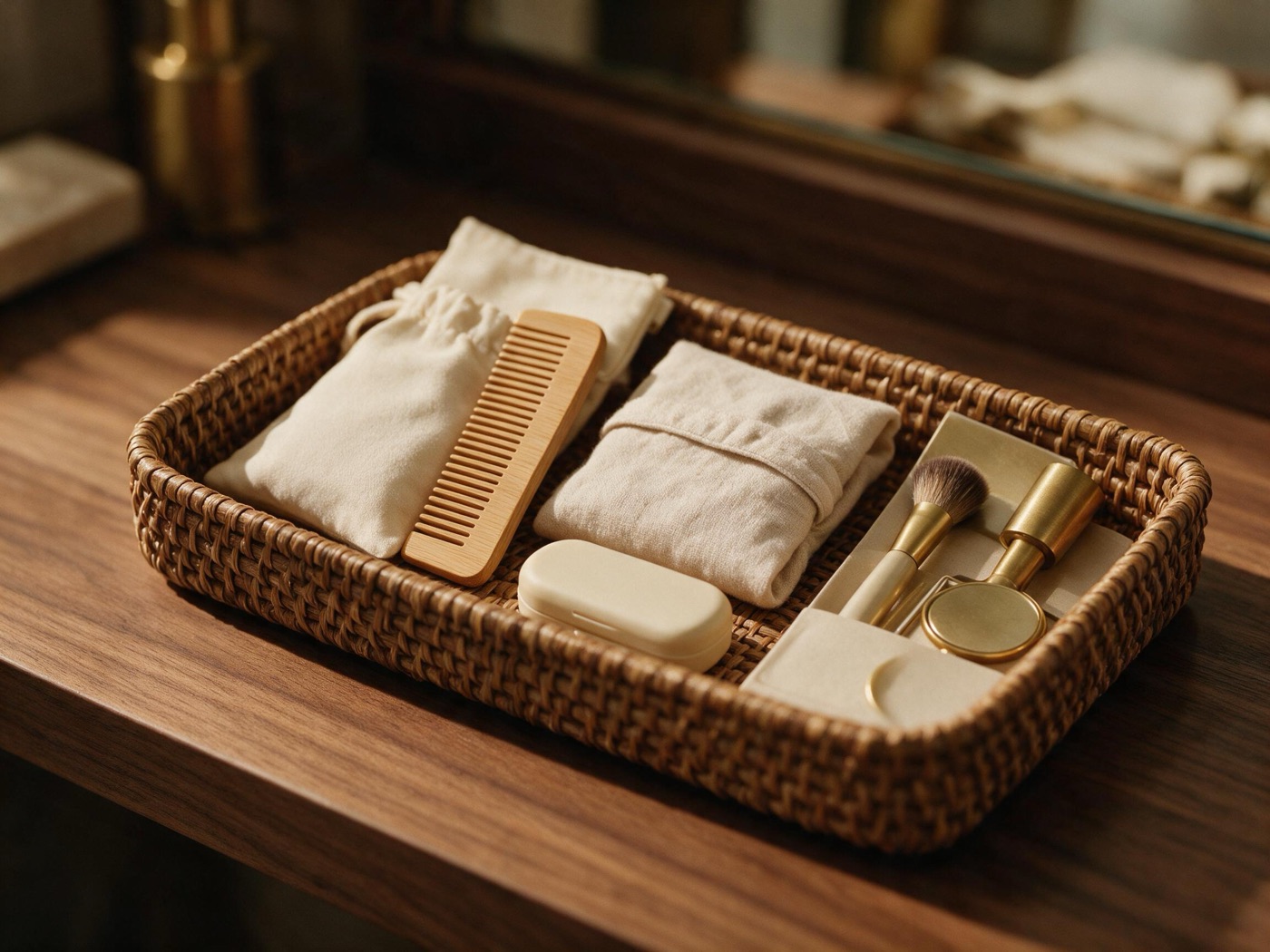 A guest amenity kit laid out in a woven tray — labelled bottles and wrapped soaps