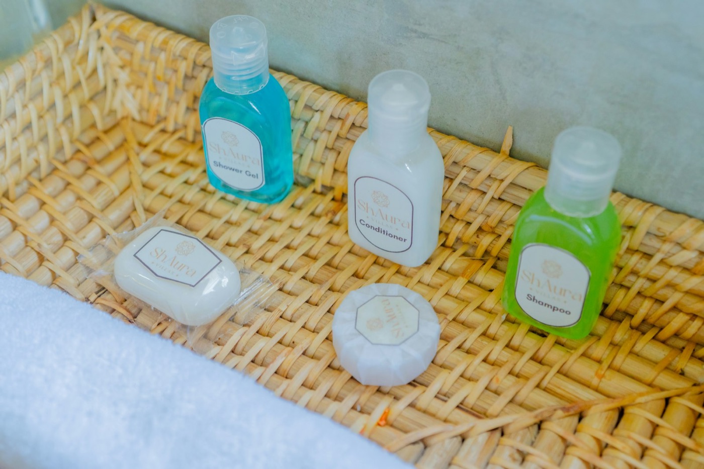 Bath products arranged for a guest room