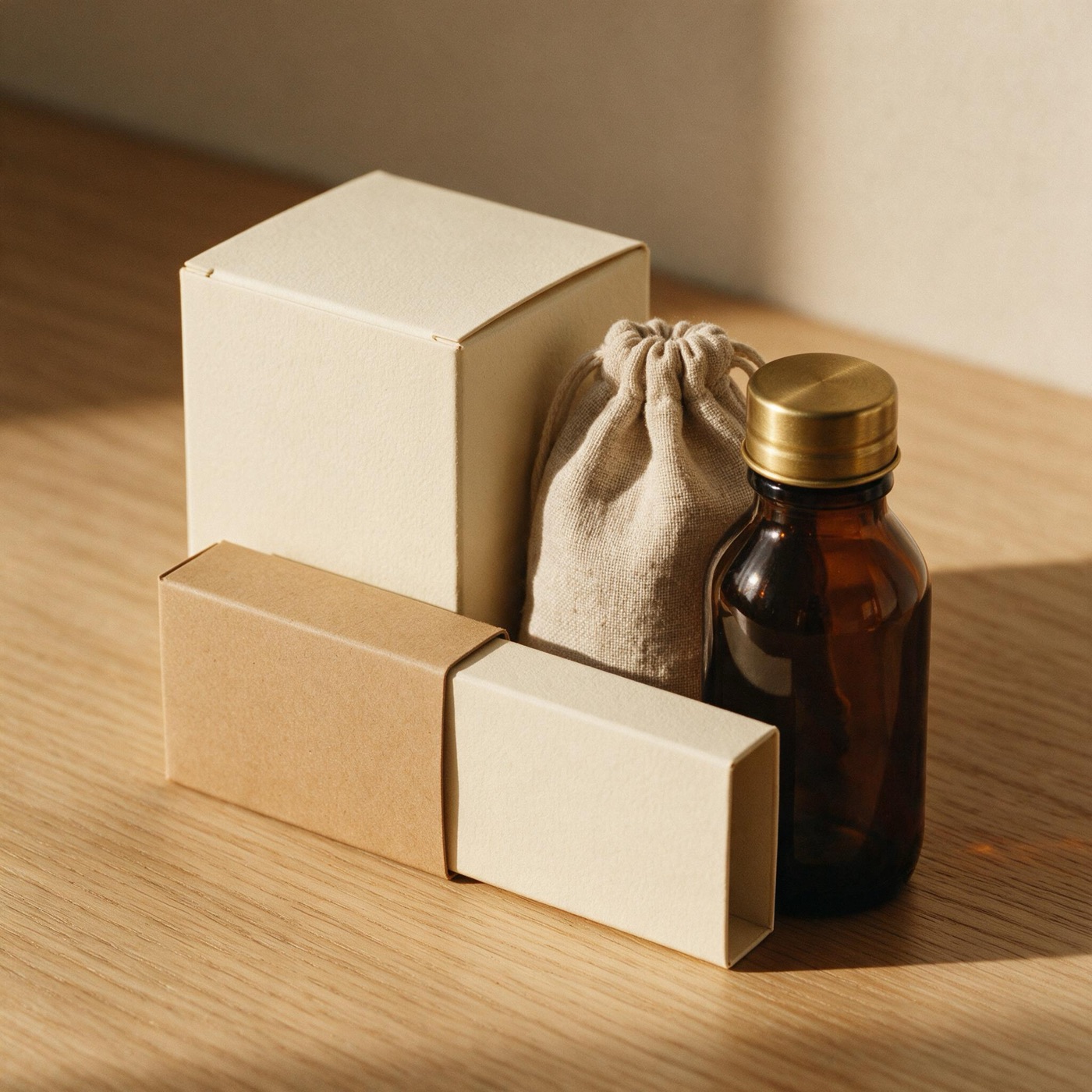 A printed carton and matching labelled bottle