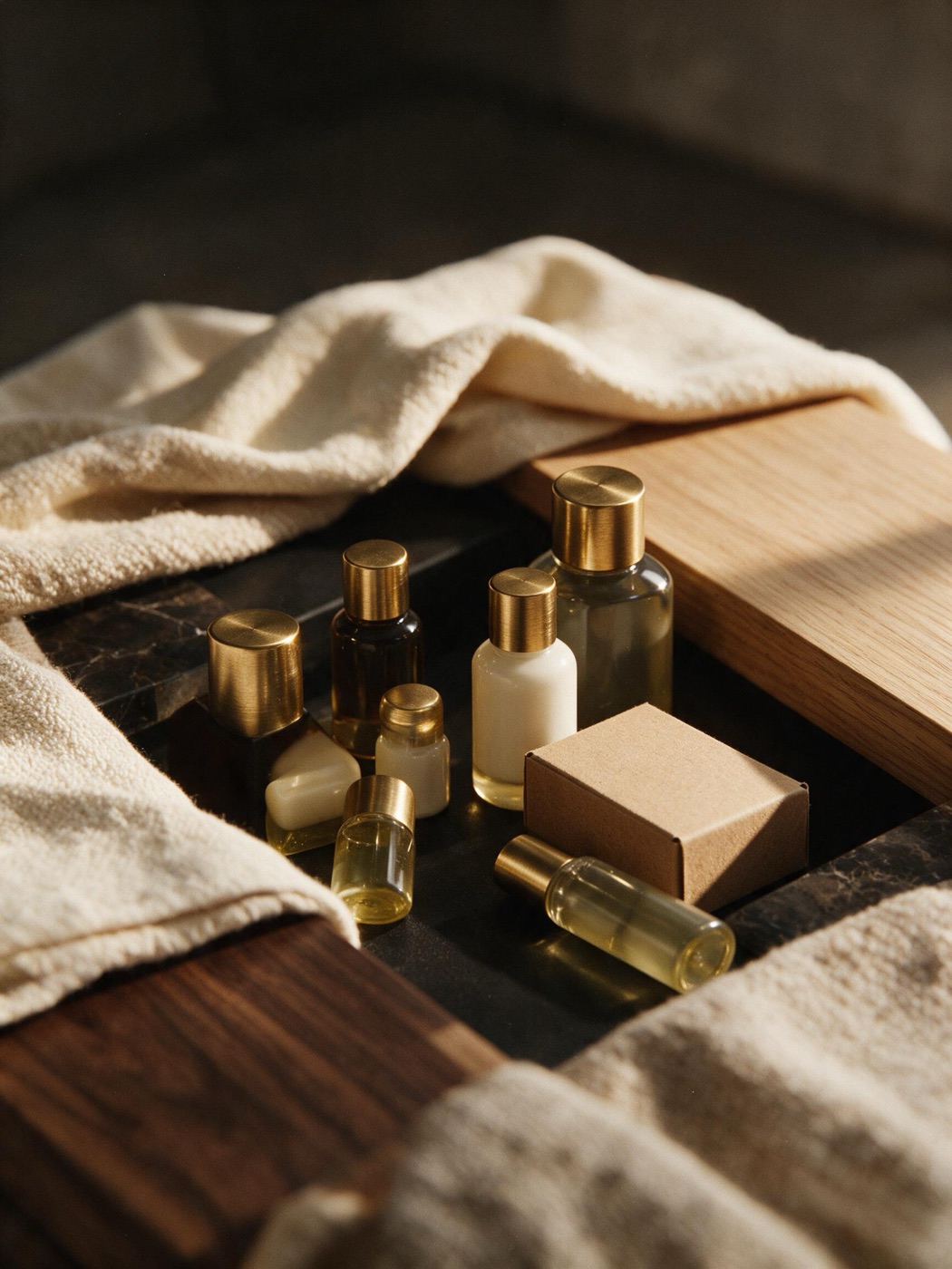 A private-label cosmetics set — labelled bottles and a gold-lidded jar
