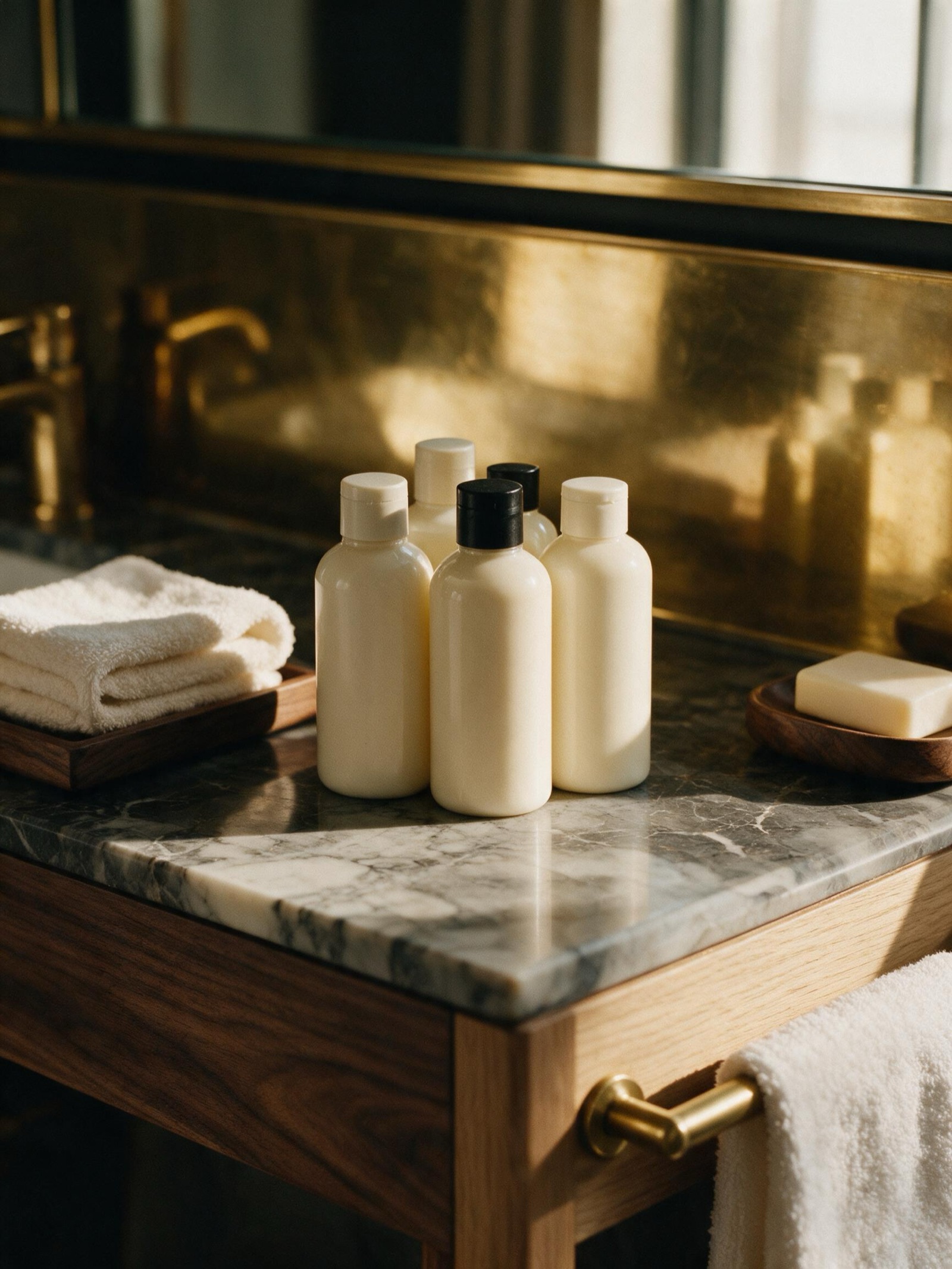 Amenity bottles on a marble and walnut hotel vanity