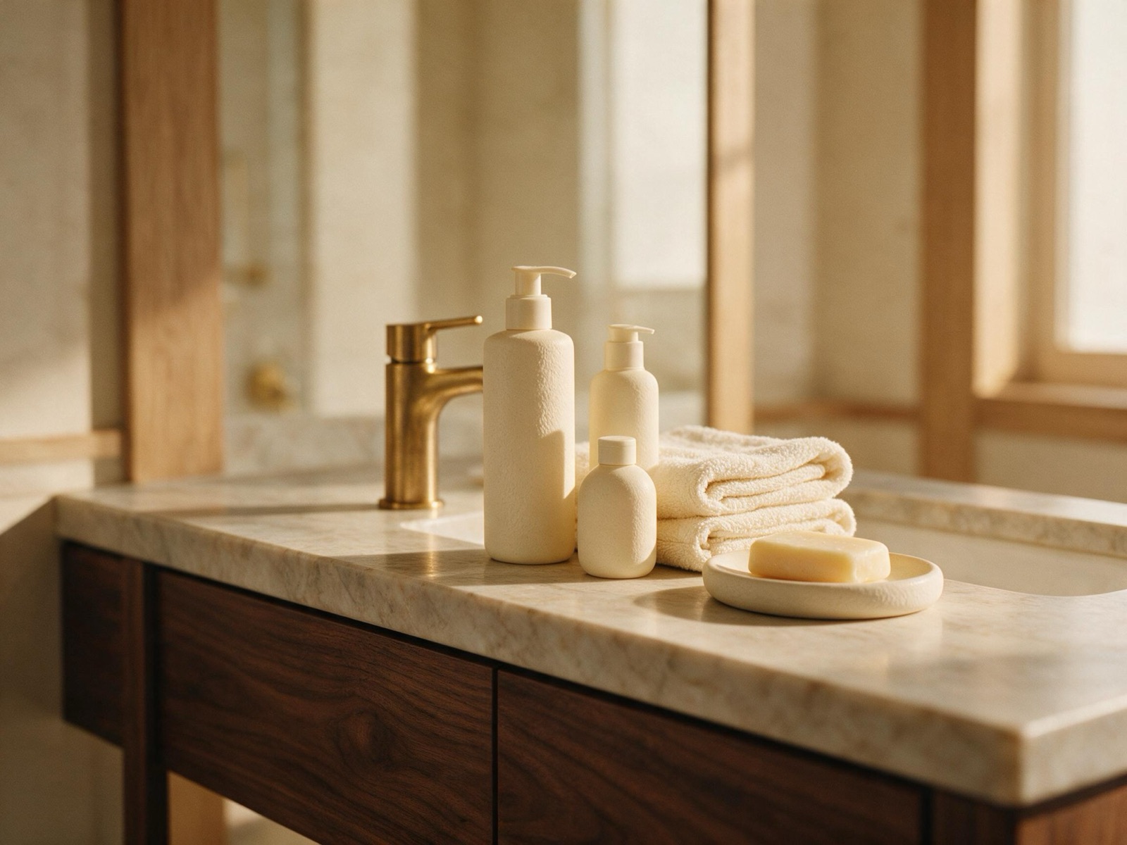 A hotel bathroom vanity lit warmly, with guest amenities set out on the counter
